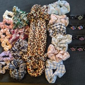 Assorted Colorful Scrunchies, Heatless Waves Rod, And Hair Clip Set